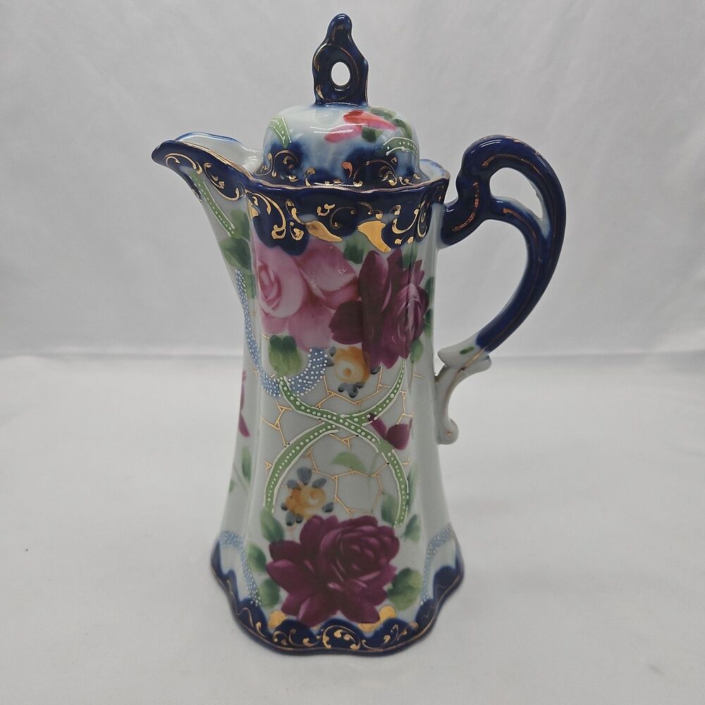 Antique Nippon Hand Painted Flow Blue Chocolate Coffee Pot Pitcher